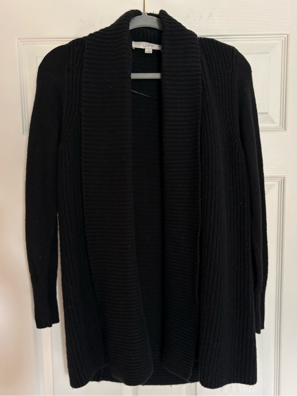 LOFT Black Ribbed Shawl-Collar Open Cardigan